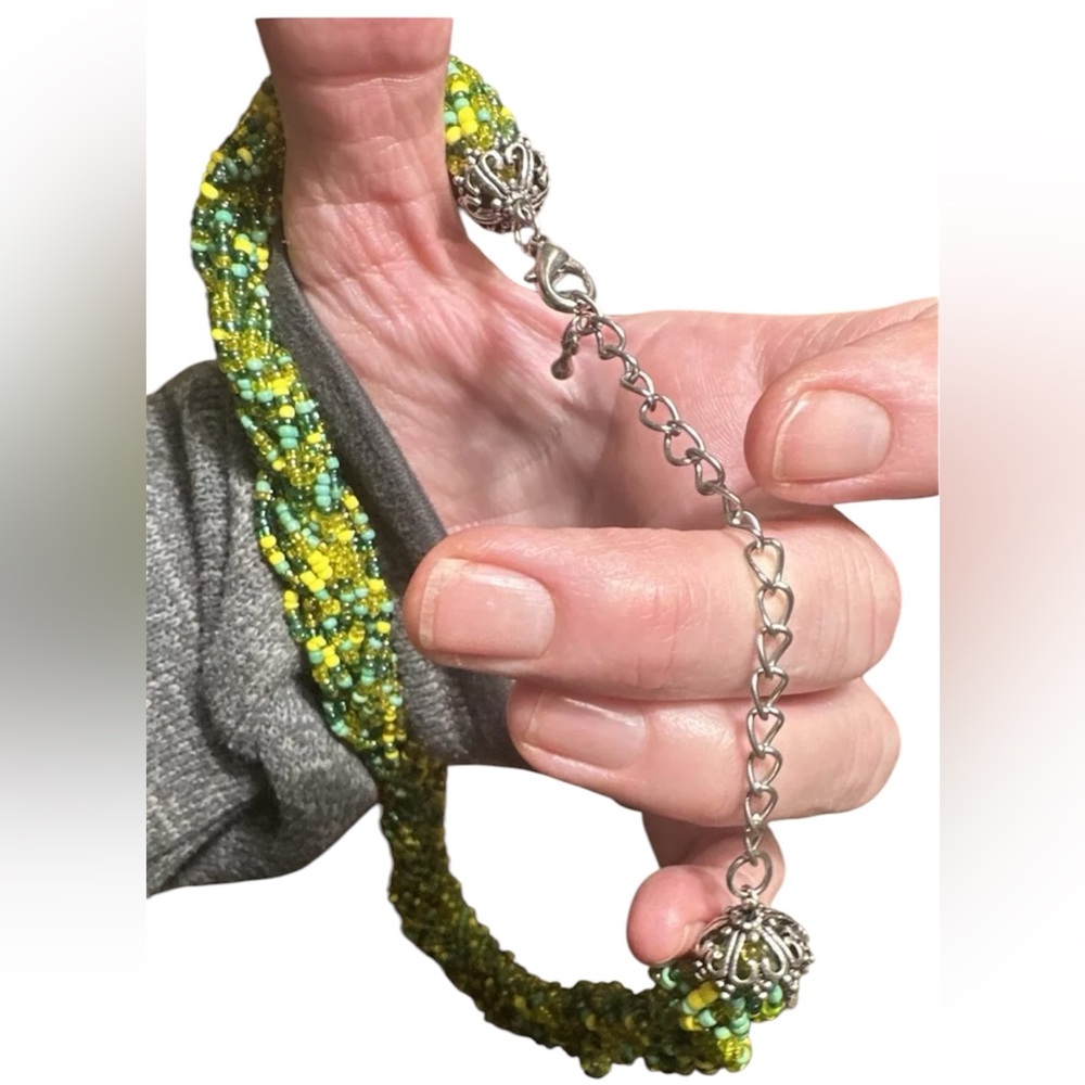Braided Seed Bead Green Yellow Necklace Earrings Adjustable Silver Chain Boho - Picture 5 of 7